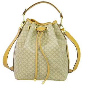 Celine Macadam Drawstring Shoulder Bag Handbag Pouch Beige Tan